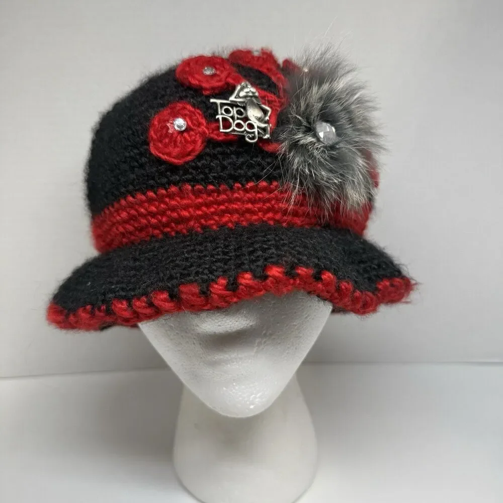 Vintage Black And Red Crocheted Embellishment Hat With Top Dog Removable Brooch - Picture 1 of 7
